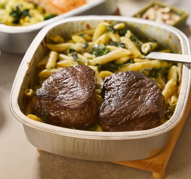 Steak and fries in an oven-ready tin